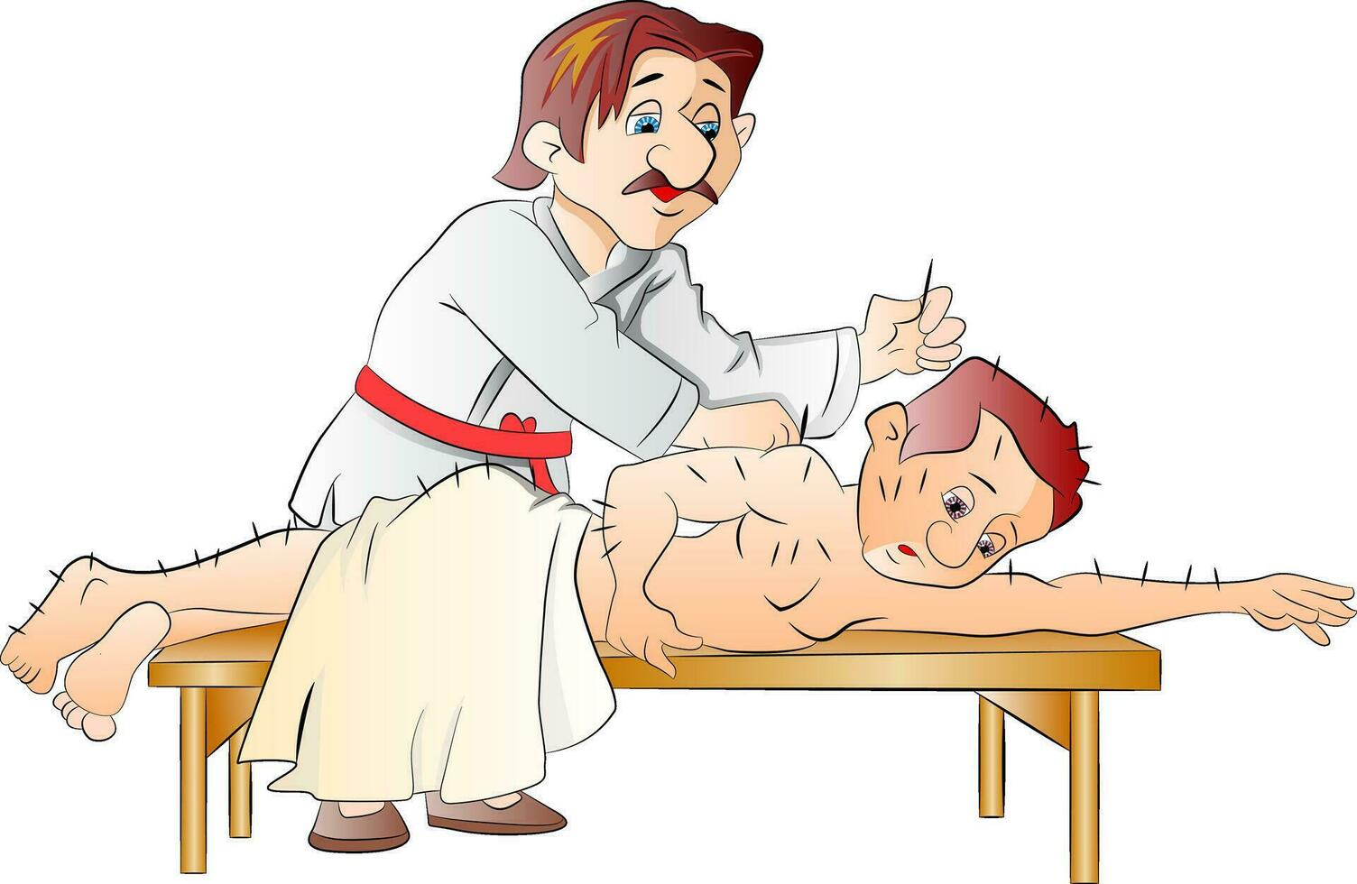 un' cartone animato uomo ottenere il suo indietro massaggiato di un' medico vettore