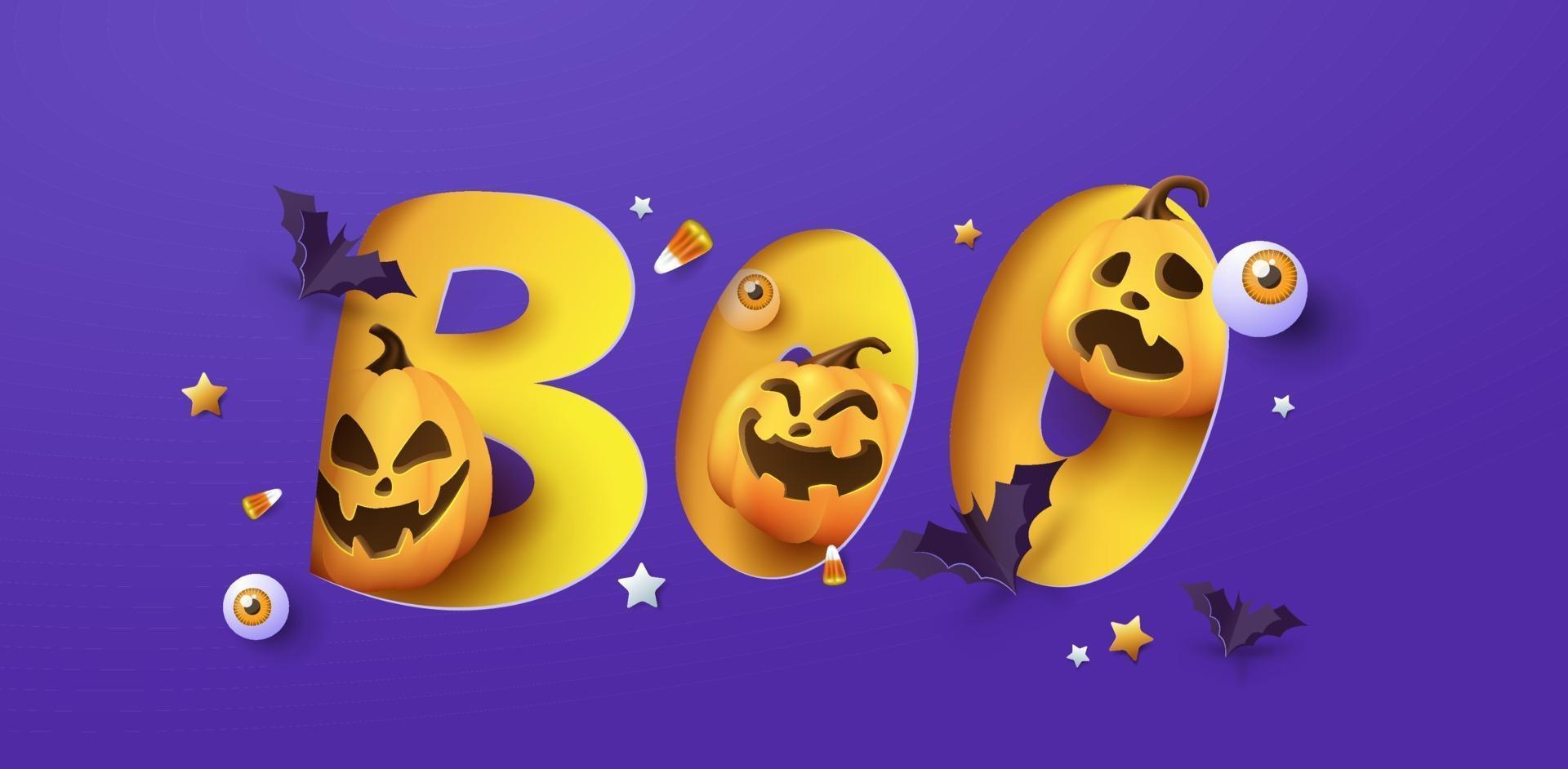 banner design di halloween con tipografia boo carta tagliata e zucche vettore