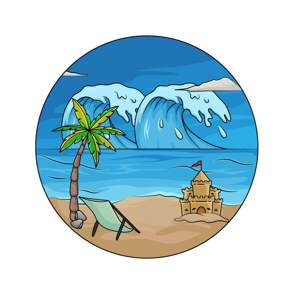 palma albero, castello sabbia con mare onda nel spiaggia illustrazione vettore
