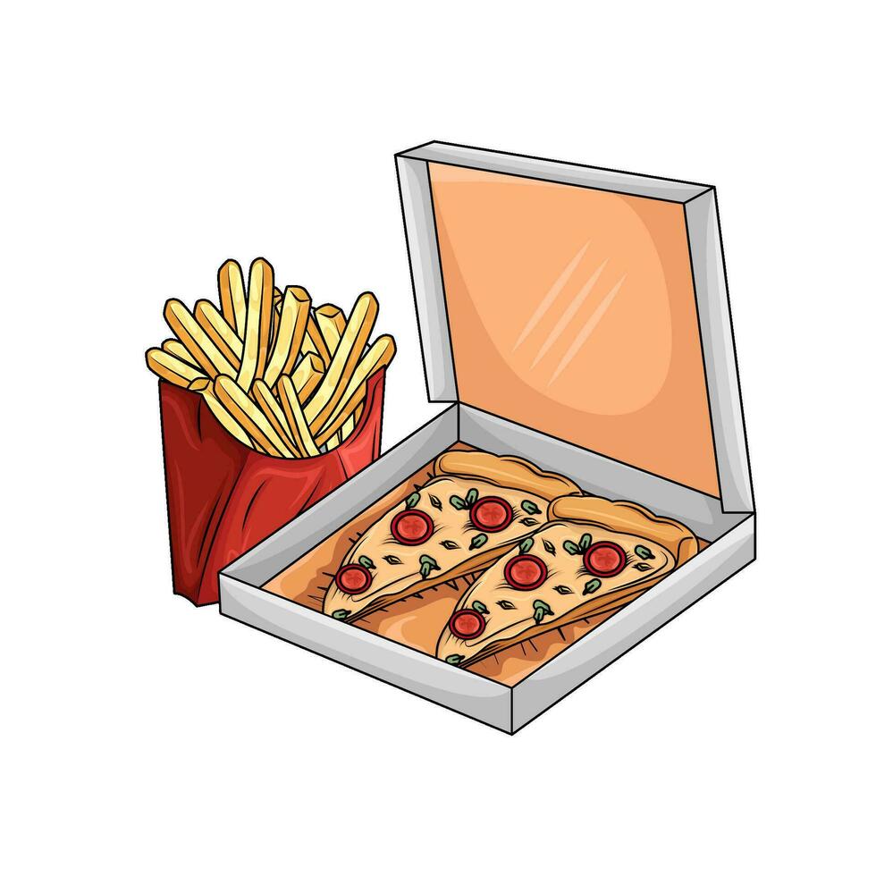 Pizza con francese patatine fritte illustrazione vettore