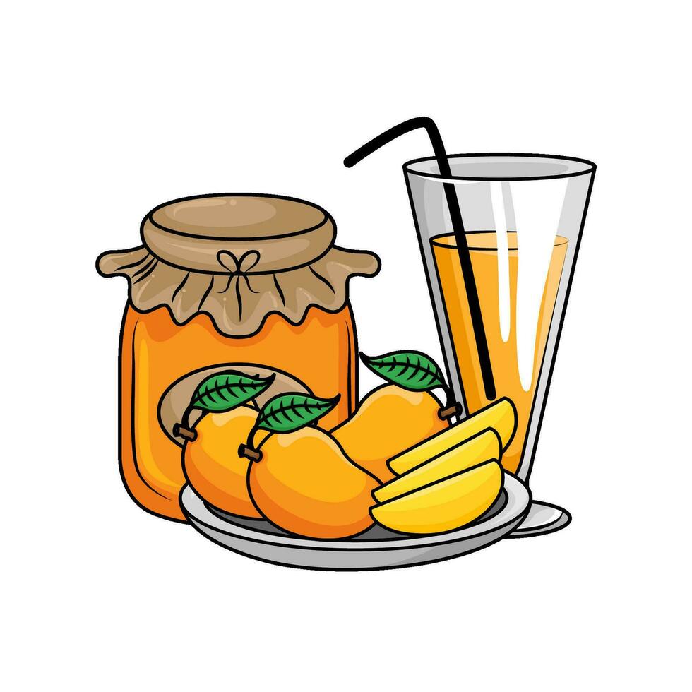 succo Mango, marmellata Mango con Mango frutta nel piatto illustrazione vettore