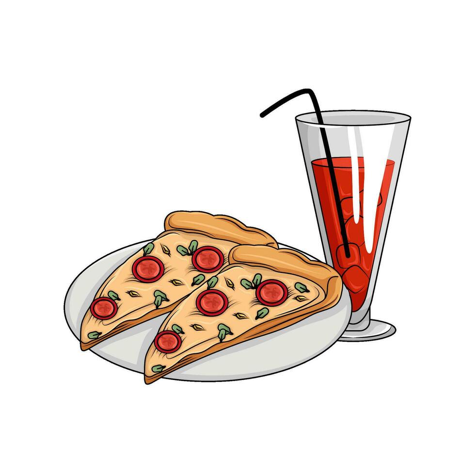Pizza peperoni fetta nel piatto con bevanda illustrazione vettore
