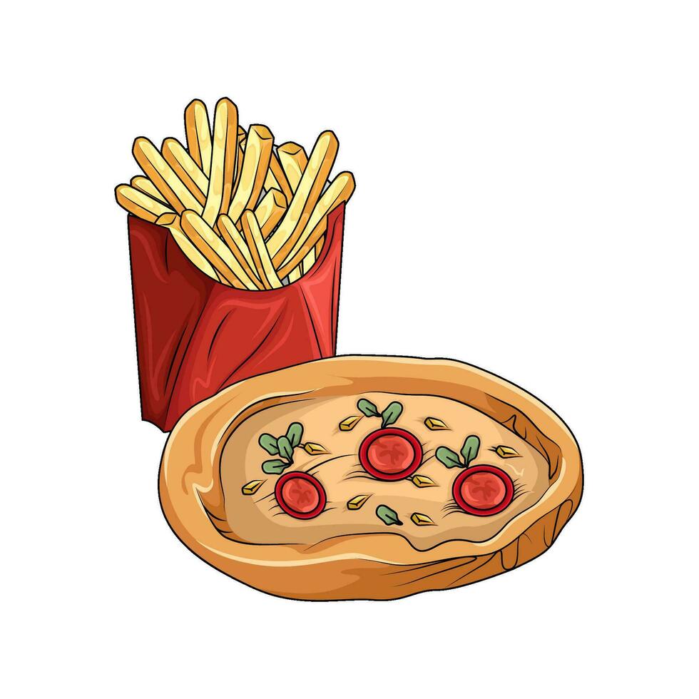 Pizza con francese patatine fritte illustrazione vettore