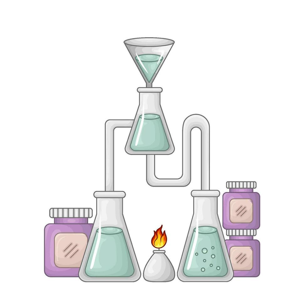 Laboratorium pozione bottiglia nel al di sopra di bunsen bruciatore con vaso illustrazione vettore