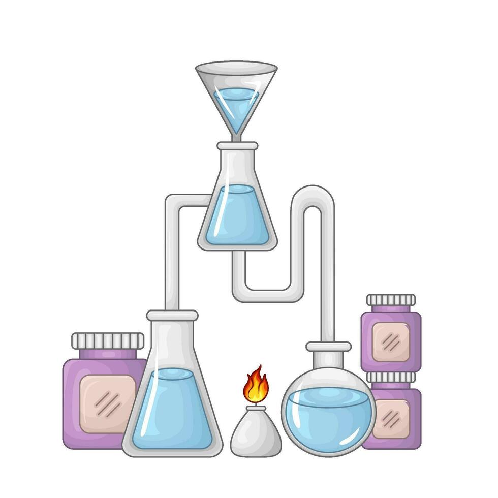 Laboratorium pozione bottiglia nel al di sopra di bunsen bruciatore con vaso illustrazione vettore