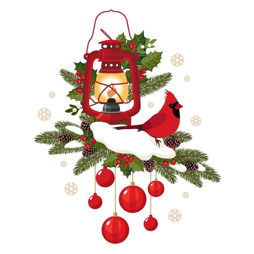 un' rosso cardinale uccello su un' abete ramo con un' Vintage ▾ rosso lanterna e Natale palloncini. Vintage ▾ lampada decorato con agrifoglio, vischio, abete rosso rami con un' crestato uccello. illustrato vettore clipart.