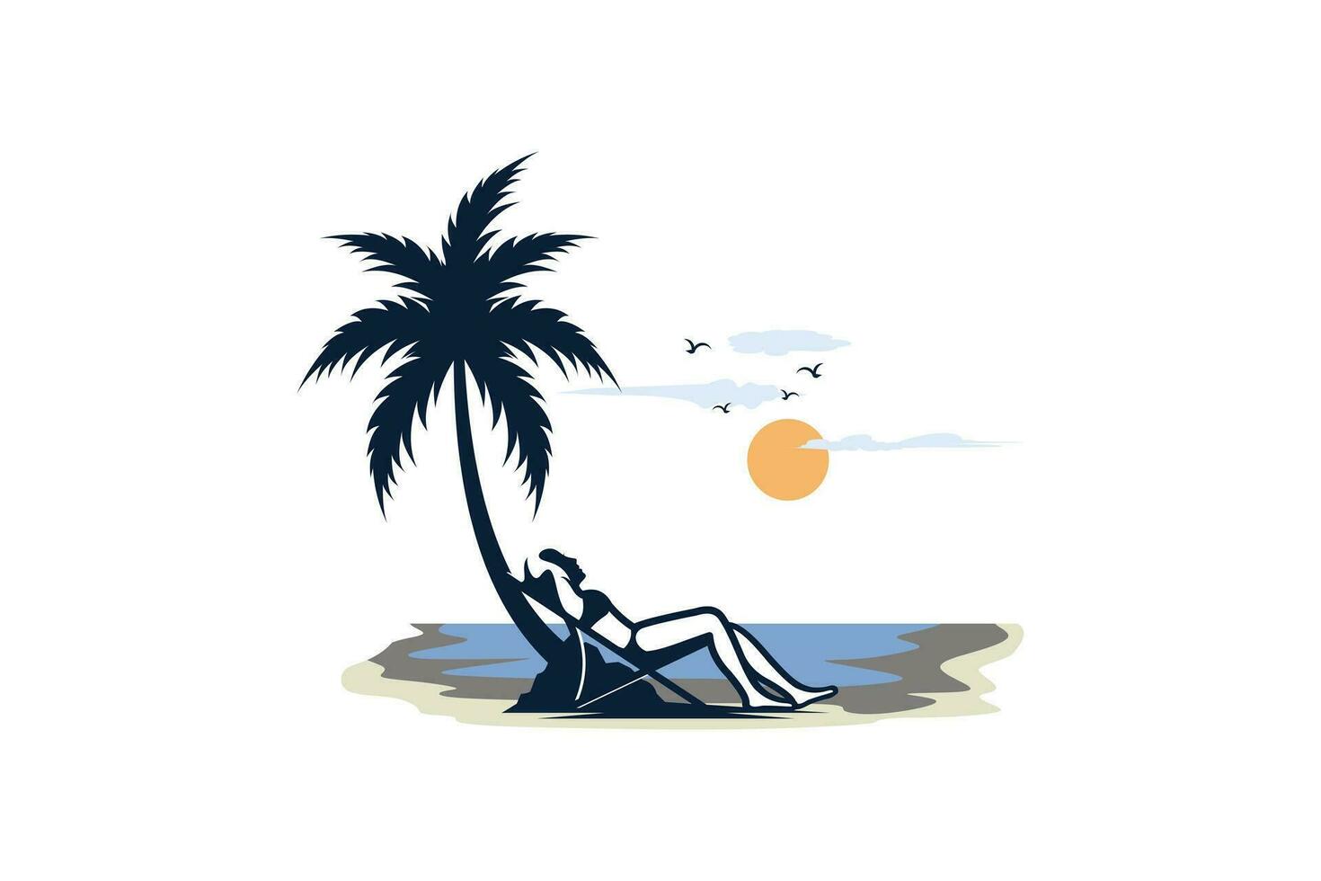 prendere il sole donna logo design seduta su sala sedia con spiaggia sfondo vettore