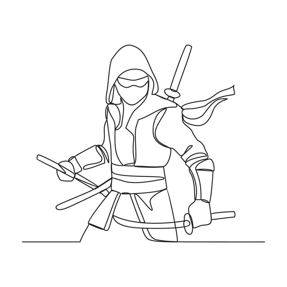 uno continuo linea disegno di un' ninja vettore illustrazione. un' ninja illustrazione semplice lineare stile concetto vettore. giapponese ninja design vettore per il tuo attività commerciale promozione o altri.