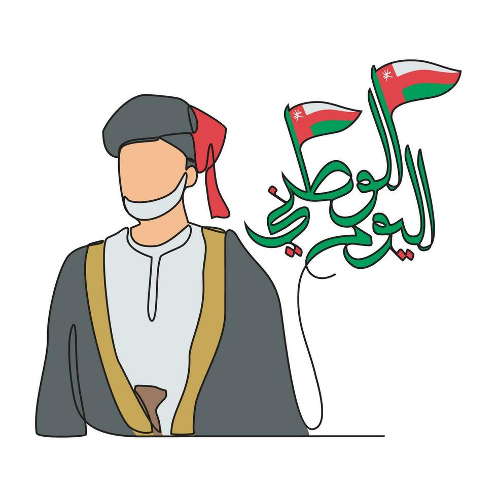 uno continuo linea disegno di Oman nazionale giorno con bianca sfondo concetto. Oman nazionale giorno nel semplice lineare stile vettore illustrazione. Arabo tradurre Oman nazionale giorno