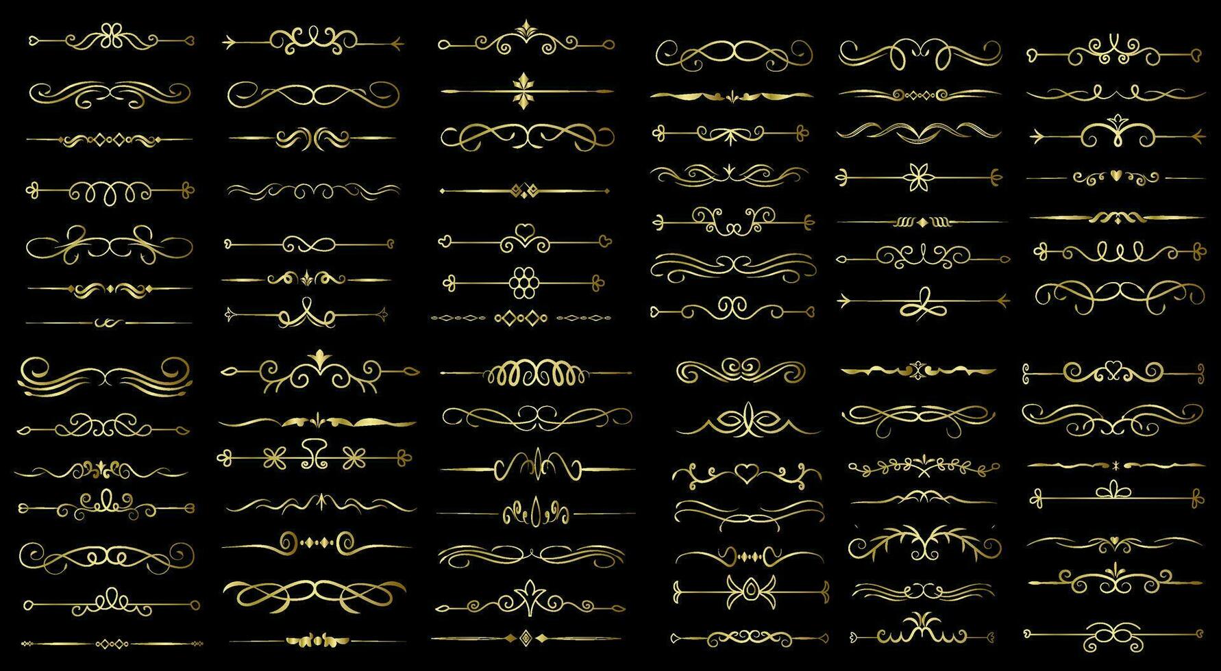 d'oro colore pagina divisore e design elementi. impostato di vario semplice nero divisore disegno, assortito divisore collezione modello vettore. collezione di floreale divisori elementi mega decorazione vettore