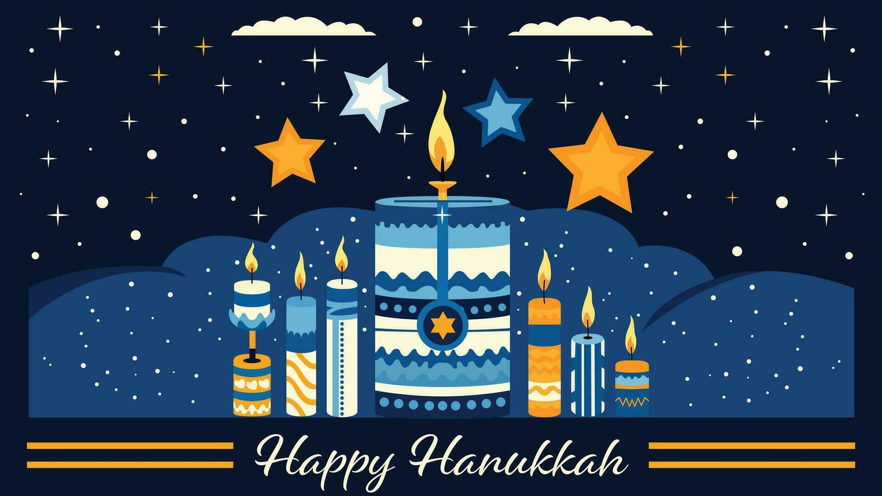 7 vivace candele illuminare un' festivo hanukkah scena. un' gioioso contento hanukkah saluto Aggiunge calore per Questo colorato vettore illustrazione.