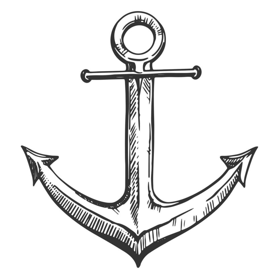 antico mare ancora su un' bianca sfondo. parte di il attrezzatura per il nave. vettore mano disegnato illustrazione. clipart per tatuaggio, emblema, logo, etichetta.