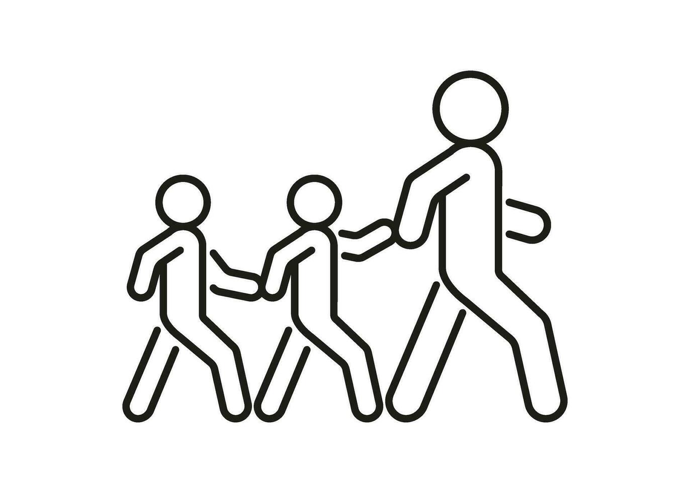 pedone adulto persona e bambini camminare, scorta hold mano, linea icona. tranquillamente attraversare strada e camminare simbolo. vettore schema illustrazione
