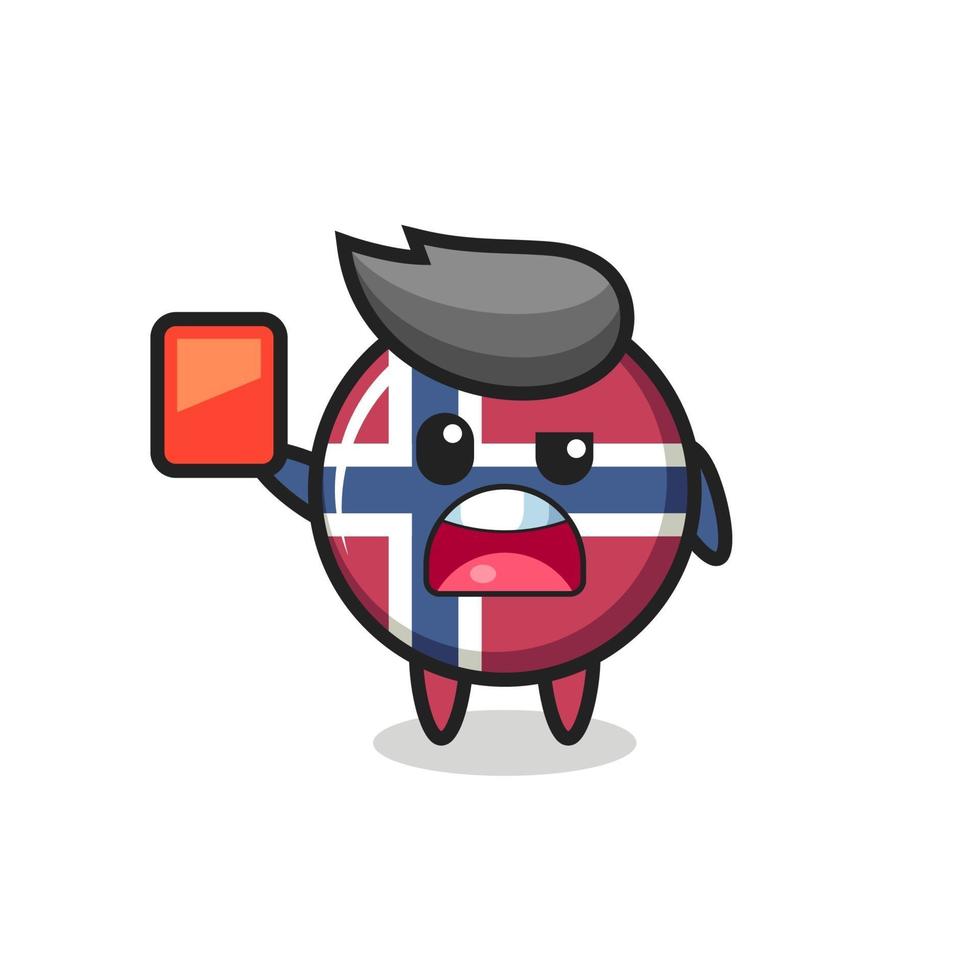 distintivo della bandiera della norvegia mascotte carina come arbitro che dà un cartellino rosso vettore