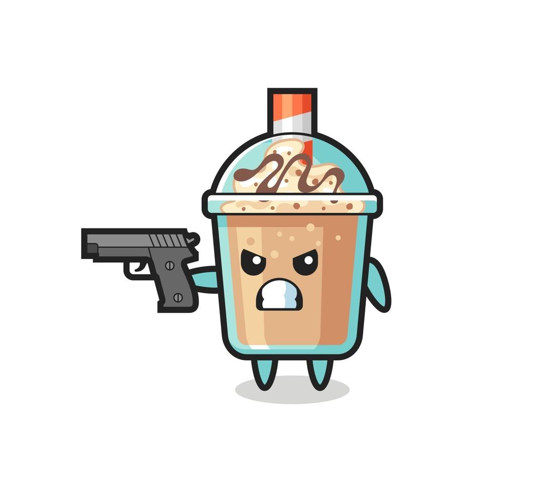 il simpatico personaggio di milkshake spara con una pistola vettore