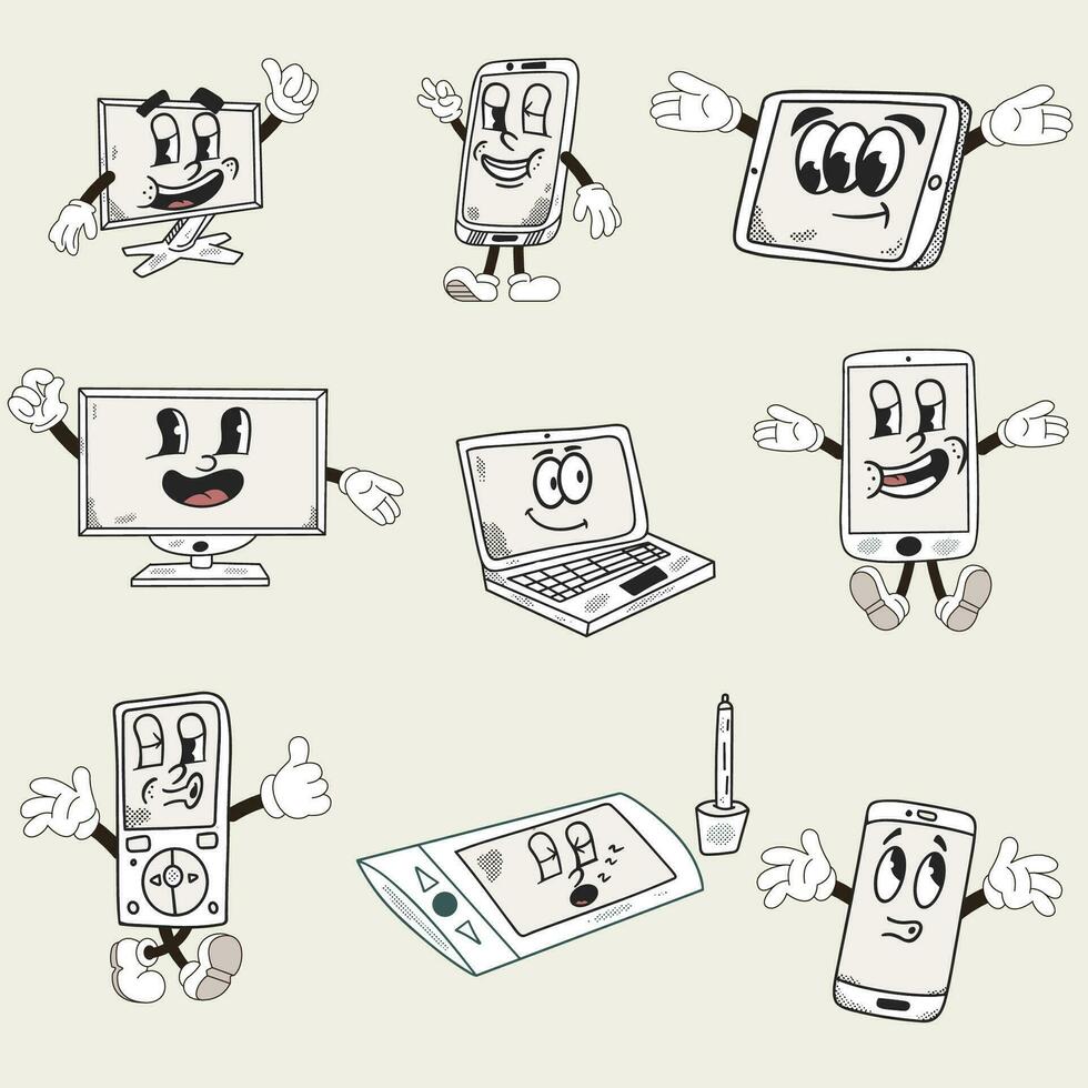 retrò cartone animato mano disegnato gadget impostato collezione vettore