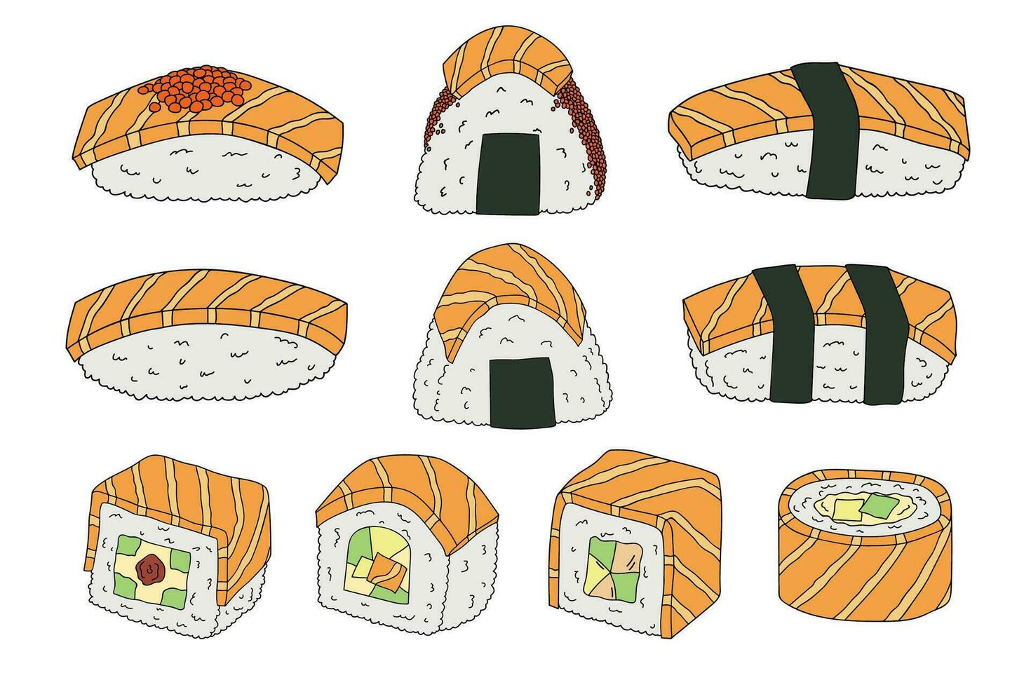 mano disegnato Sushi e onigiri con salmone. giapponese tradizionale cucina piatti. asiatico cibo clipart impostato vettore