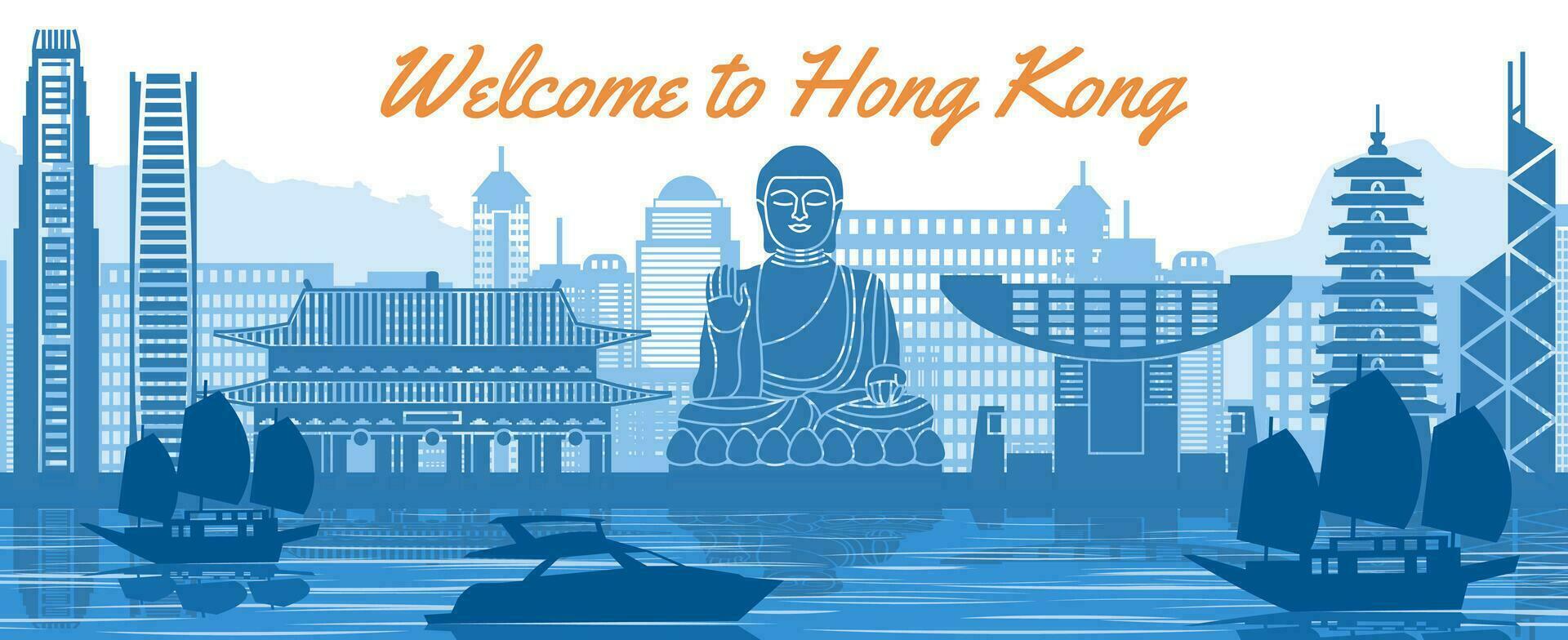 hong kong famoso punto di riferimento silhouette stile dietro a fiume e barca e nel davanti di torri vettore