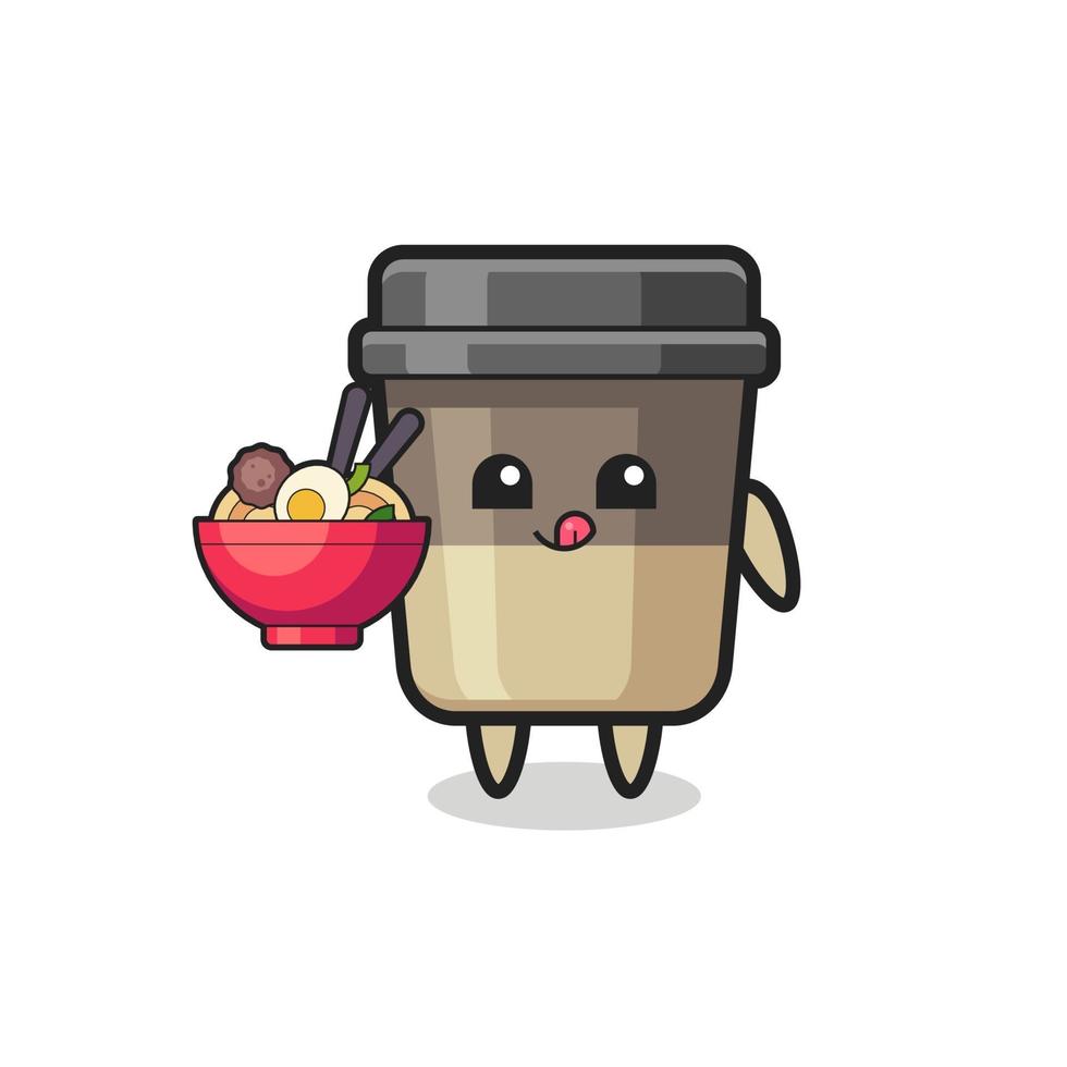 simpatico personaggio tazza di caffè che mangia noodles vettore