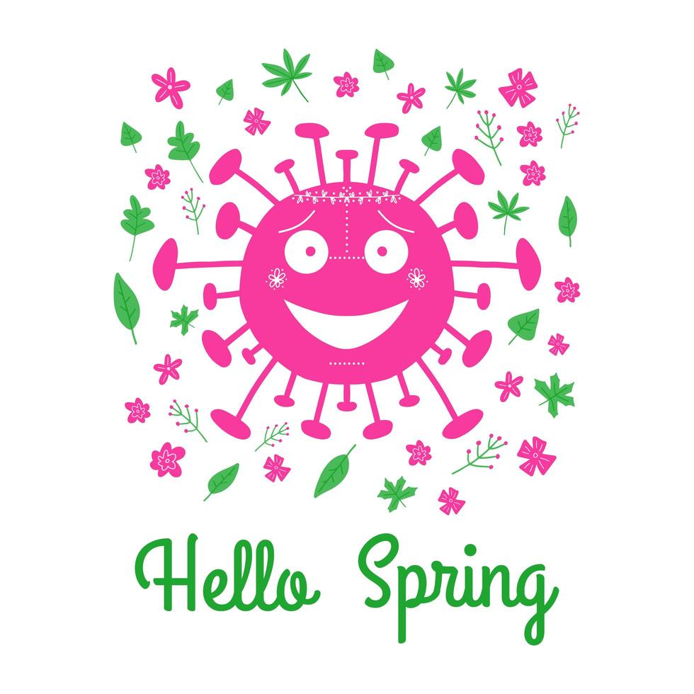 Ciao Primavera. batteri di coronavirus rosa dei cartoni animati con foglie verdi vettore