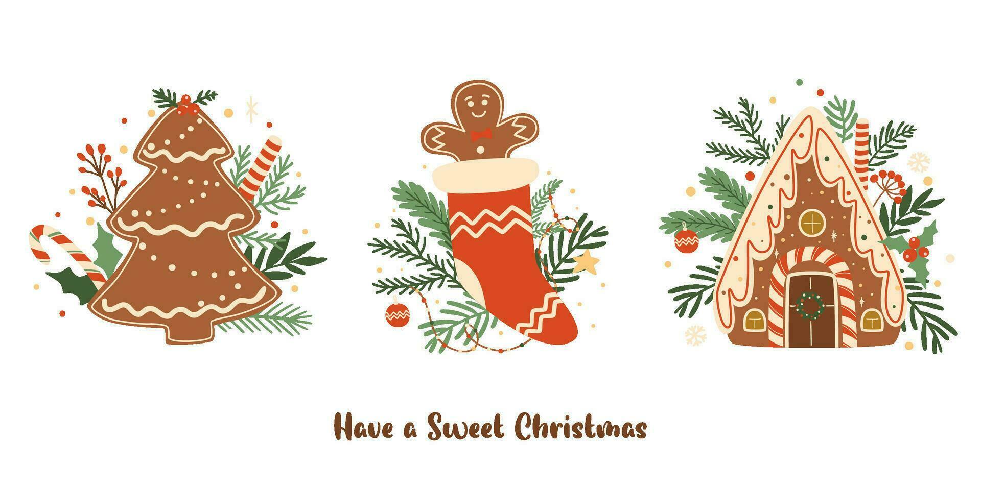 Natale Pan di zenzero biscotti impostare. gustoso inverno al forno isolato vettore elemento. carino dolce decorato abete albero rami. mano disegnato cibo illustrazione collezione per carta, manifesto. nuovo anno design.