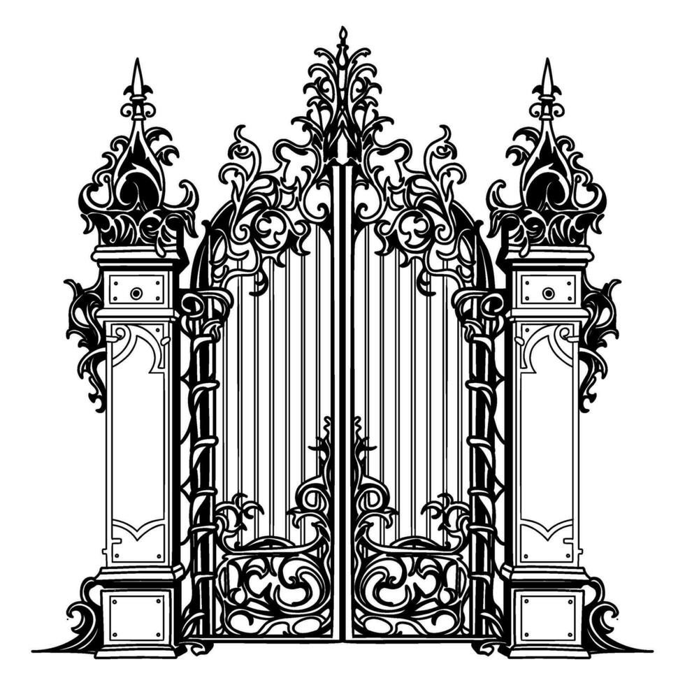 schizzo di un' forgiato metallo giardino cancello nel il Rinascimento stile vettore