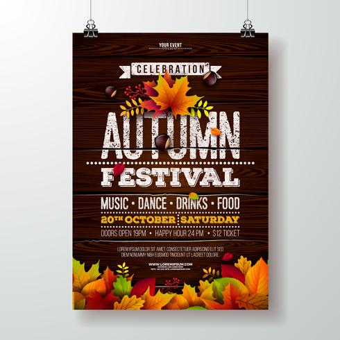 Autumn Party Flyer Illustration con foglie che cadono e tipografia vettore
