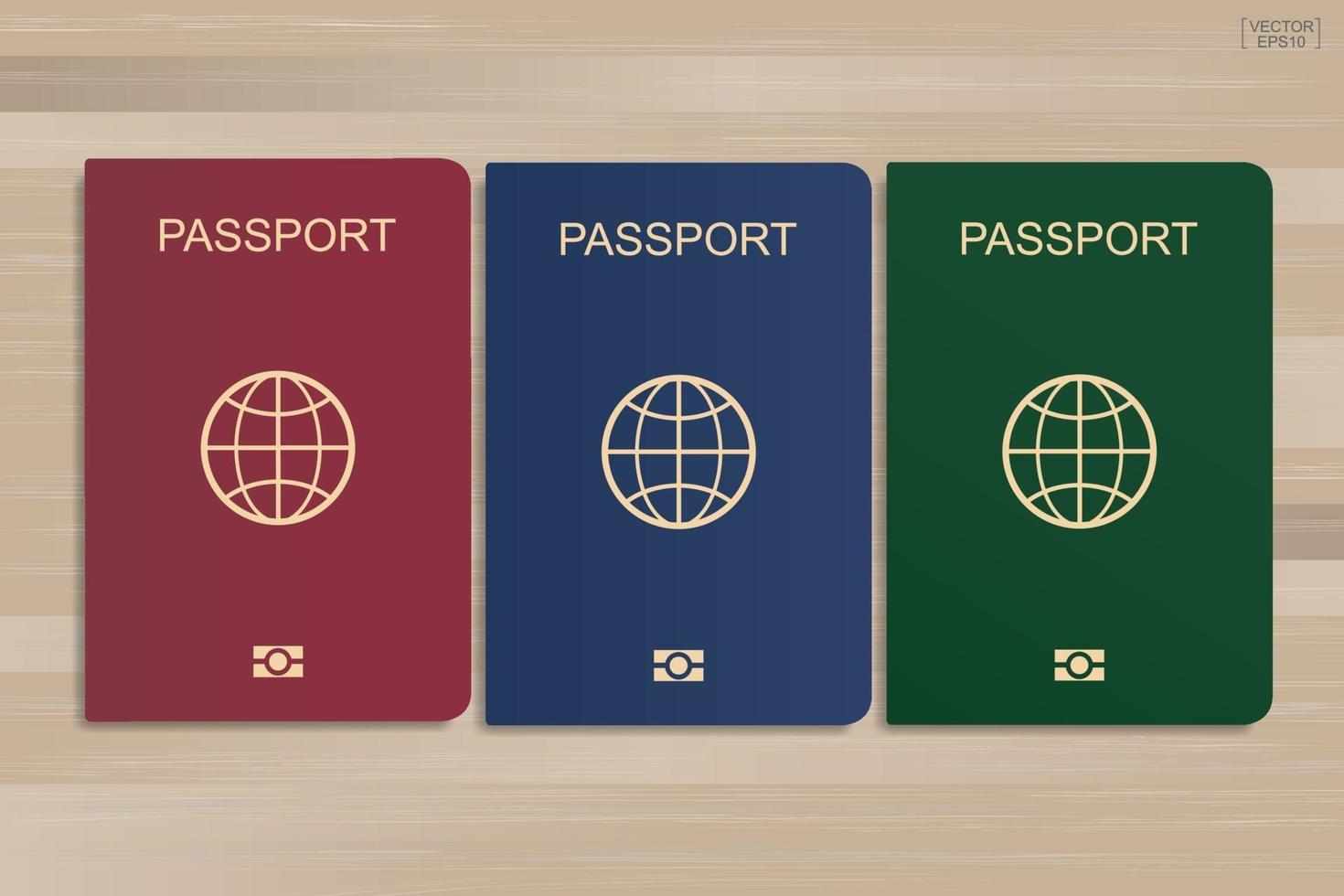 set di passaporto su uno sfondo di legno. vettore. vettore