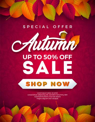 Autumn Sale Design con foglie che cadono e lettering vettore
