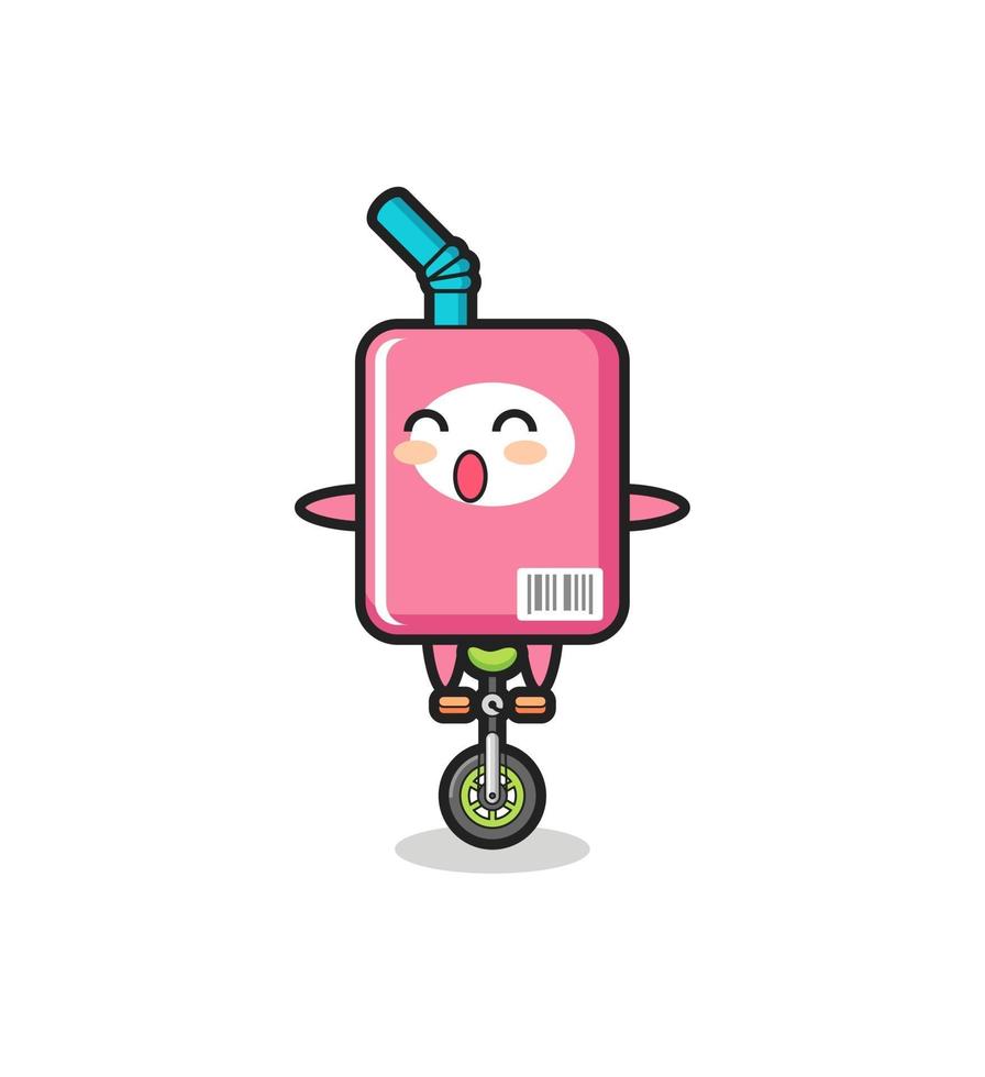 il simpatico personaggio della scatola del latte sta andando in bicicletta da circo vettore