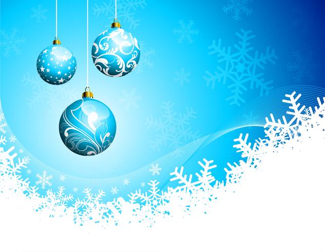 Illustrazione di Natale con palline di vetro su sfondo blu. vettore