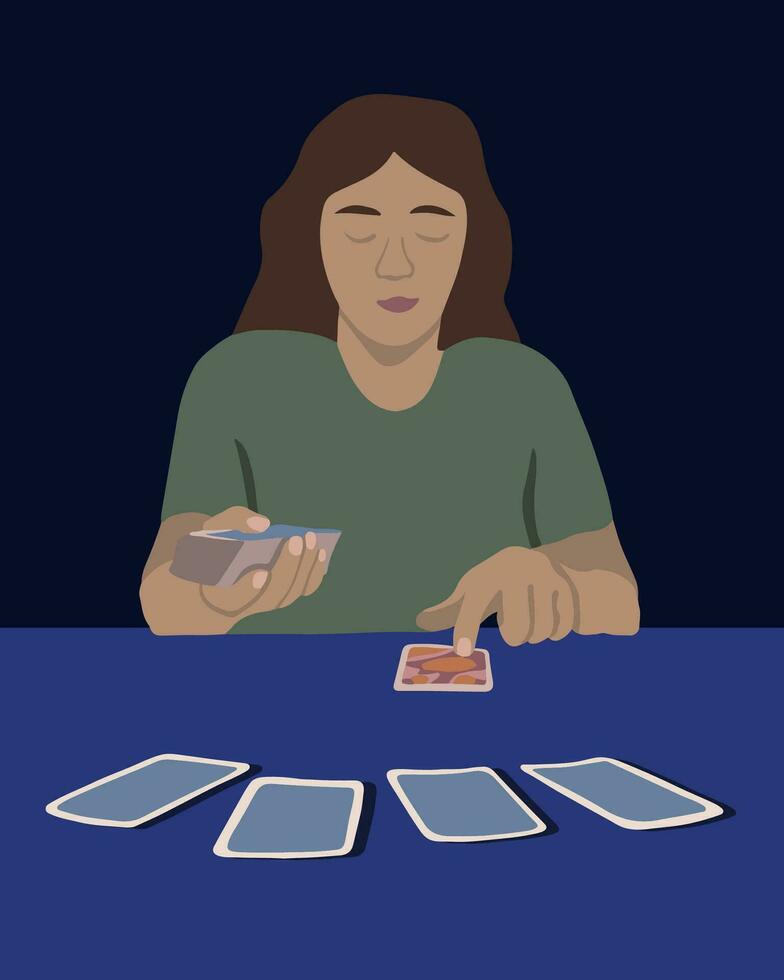 vettore isolato illustrazione di giovane donna fortuna telling su tarocco carte. predizione di il futuro. tarocco in linea.