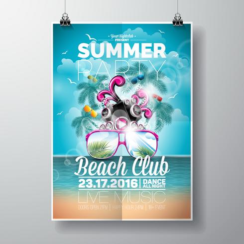 Vector Summer Beach Party Flyer Design con elementi tipografici e musica