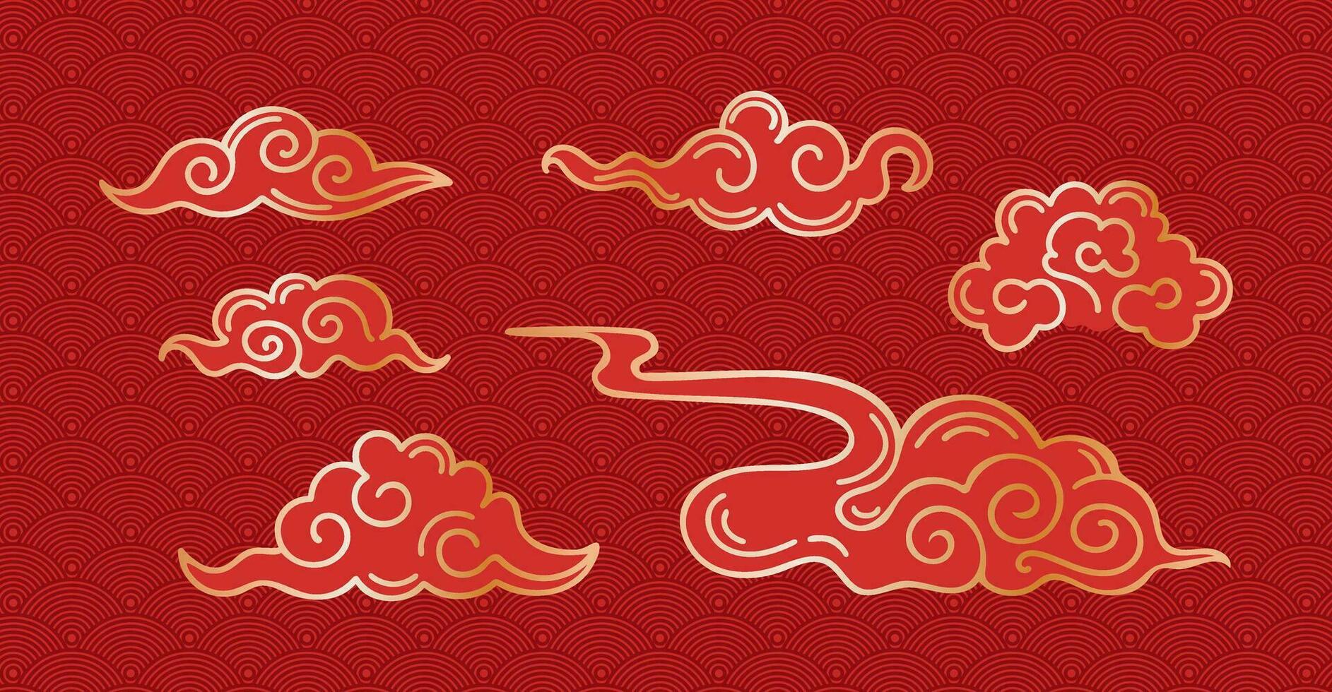impostato di nuvole nel asiatico stile. oro su rosso. vettore Vintage ▾ illustrazione. pesce bilancia sfondo. tradizionale nube modelli nel Cinese, coreano e giapponese orientale stile. per adesivi, design elementi