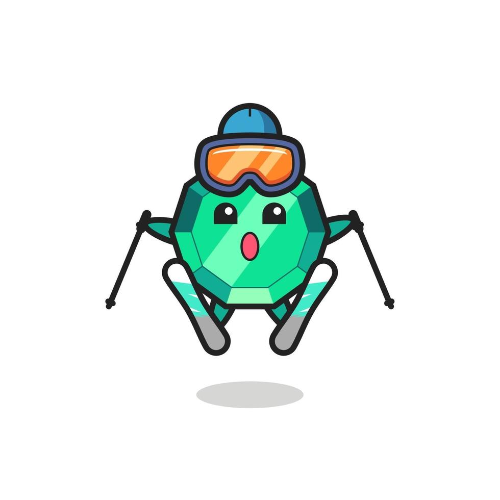 personaggio mascotte della pietra preziosa smeraldo come giocatore di sci vettore