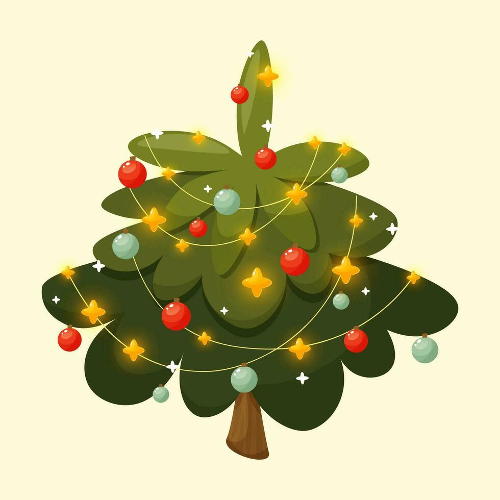 festivo Natale albero nel cartone animato stile. decorato verde pino albero con raggiante stelle, palle e ghirlanda. contento nuovo anno concetto, per carte, manifesti, libro illustrazioni. vettore illustrazione