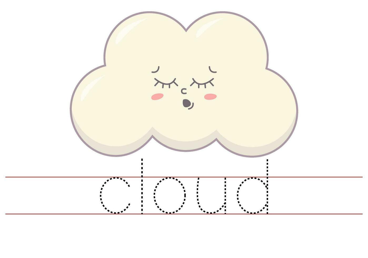 tracciare parola nube. inglese foglio di lavoro per bambini. cartone animato carino colorato nube. vettore