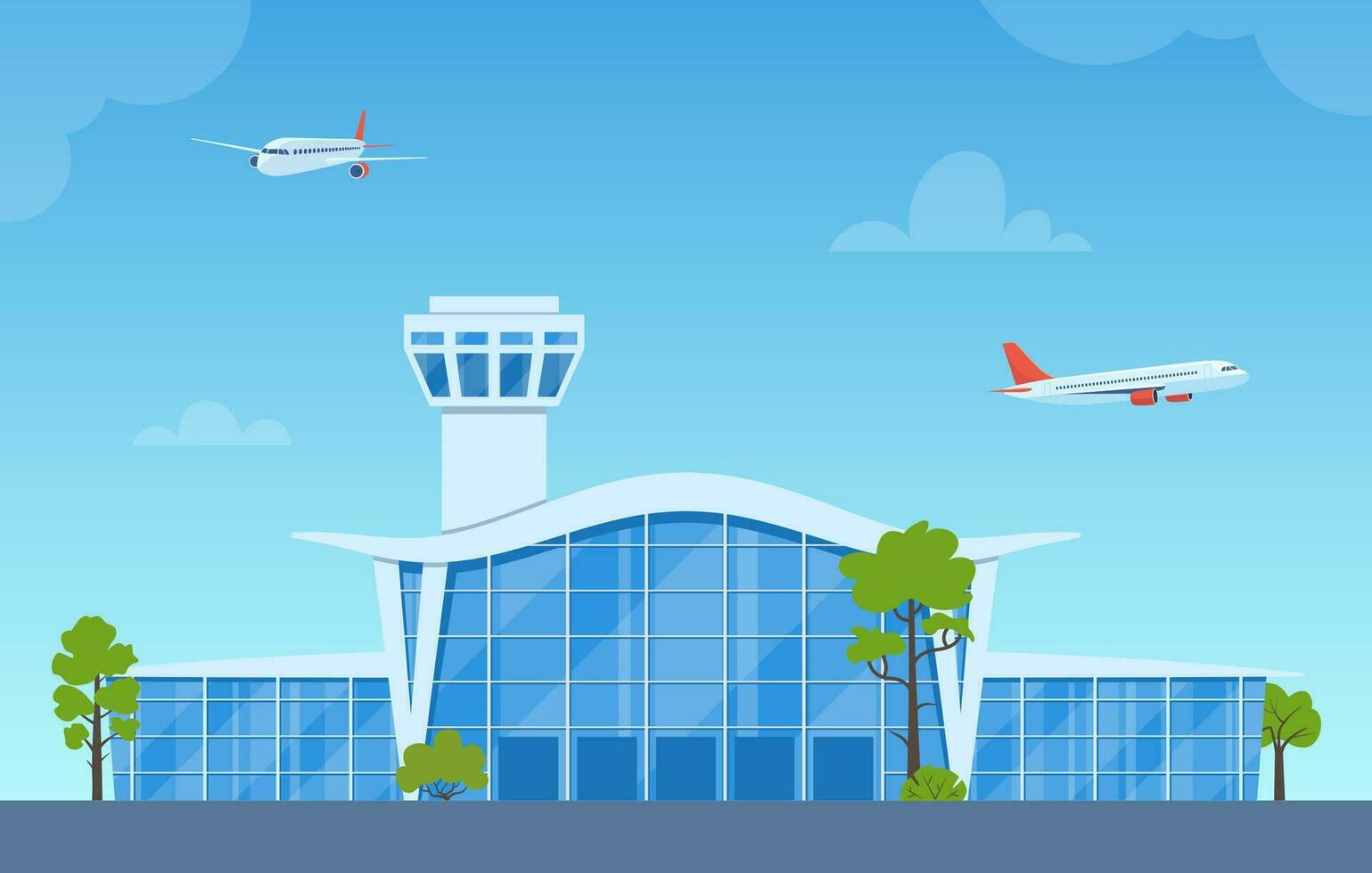 aeroporto edificio con volante aereo al di sopra di Torre. aeroporto terminale facciata. panorama esterno di architettura costruzione per viaggi e viaggi, turisti. vettore illustrazione.