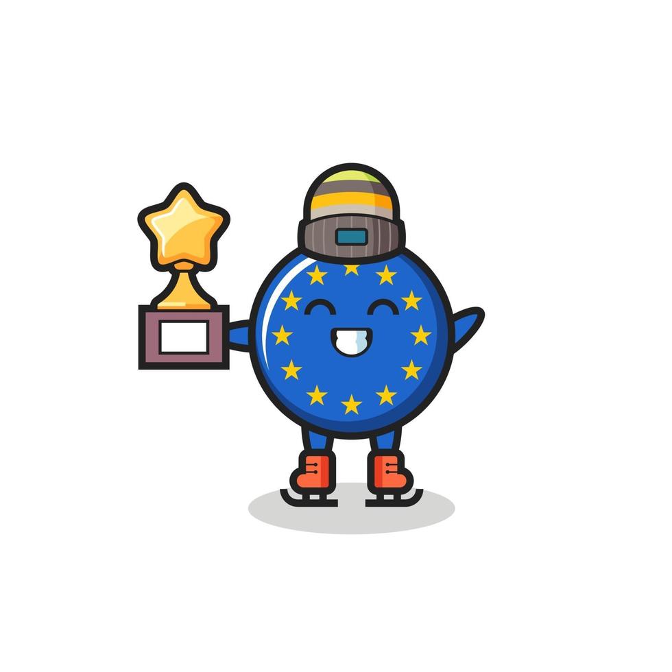 cartone animato distintivo della bandiera dell'europa come un giocatore di pattinaggio sul ghiaccio tiene il trofeo del vincitore vettore