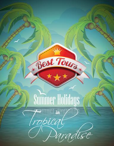 Vector Summer Holiday Flyer Design con palme e Banner Best Tour sullo sfondo del mare.