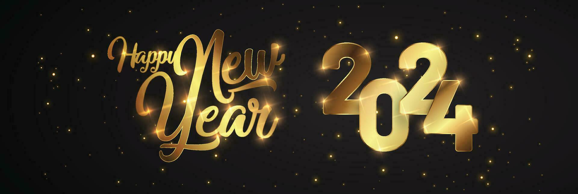 contento nuovo anno di luccichio oro fuochi d'artificio. vettore d'oro luccicante testo e 2024 numeri con scintillare brillare per vacanza saluto carta.