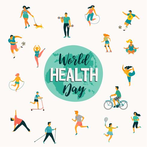 Giornata mondiale della salute. Illustrazione vettoriale di persone che conducono uno stile di vita attivo sano.