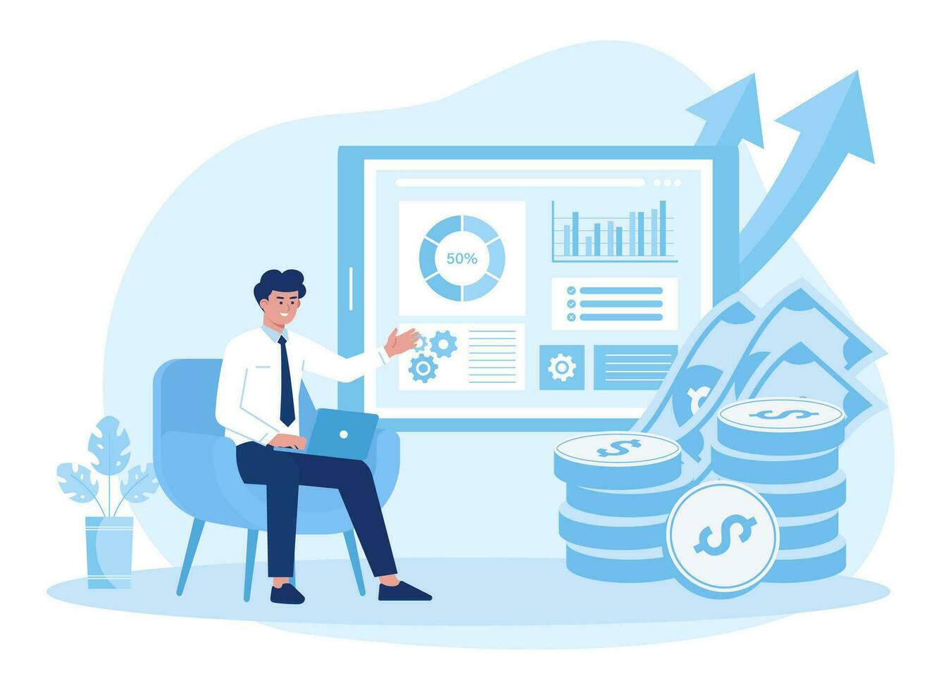 uomo fare annuale finanziario dai un'occhiata nel attività commerciale concetto piatto illustrazione vettore