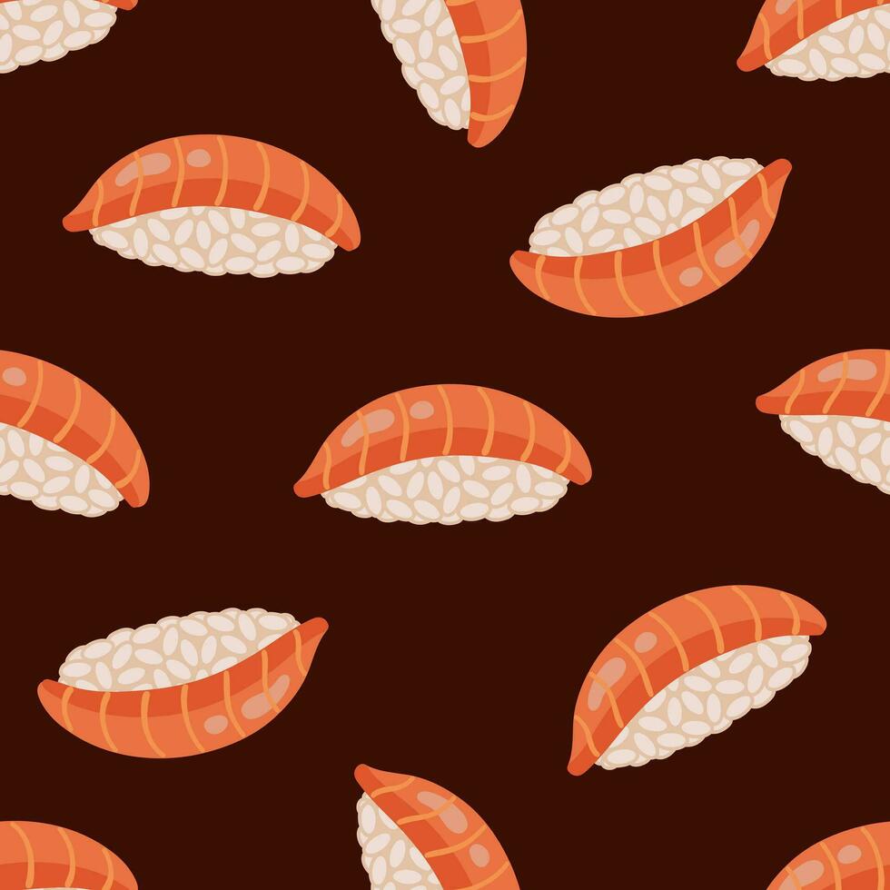 fresco nigiri senza soluzione di continuità vettore modello. gustoso giapponese Sushi con riso e crudo salmone. tradizionale asiatico pesce rotoli, frutti di mare aperitivo. mano disegnato illustrazione. piatto cartone animato sfondo per Stampa, ragnatela