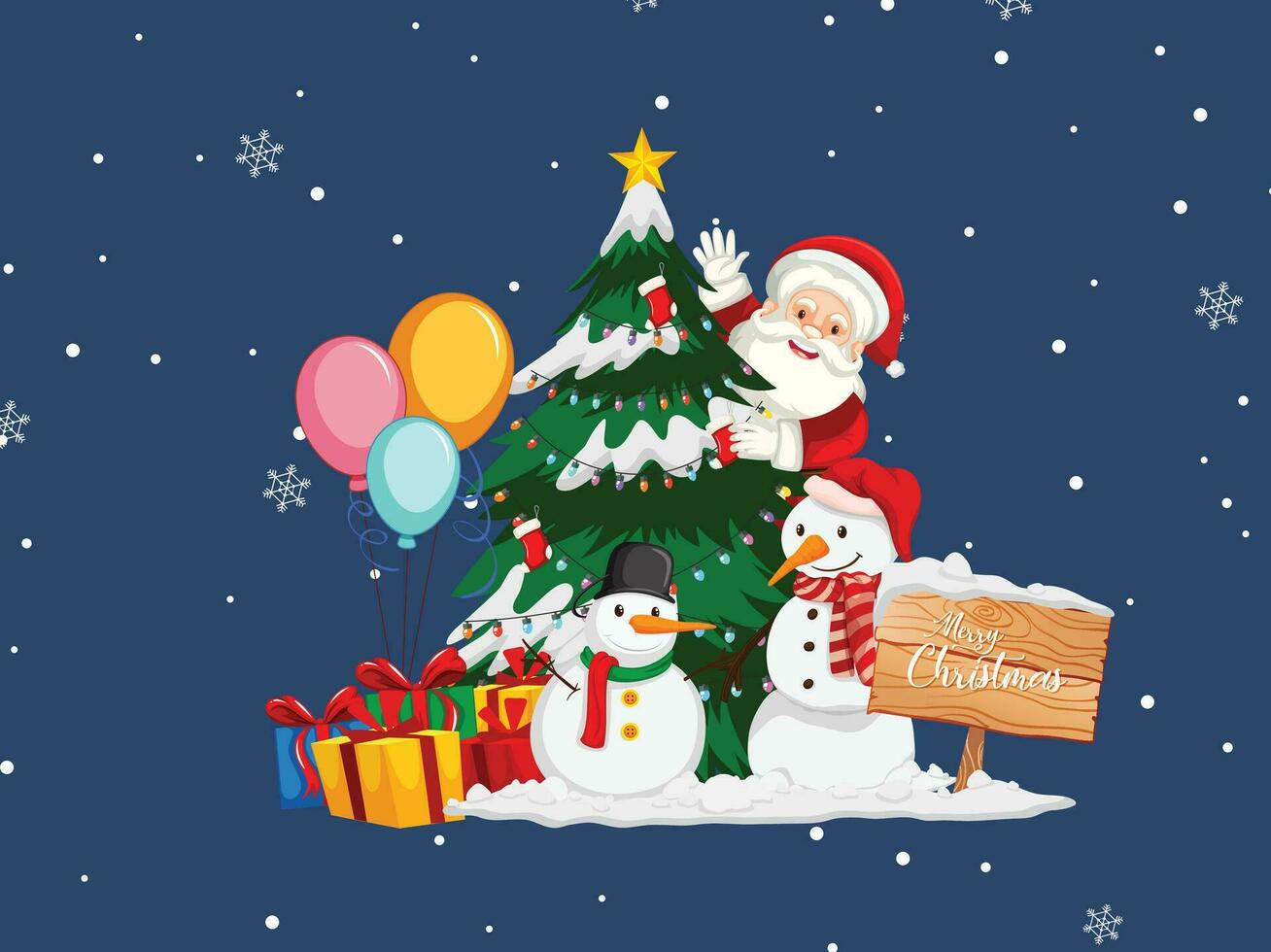 Babbo Natale con albero di Natale e pupazzo di neve di notte vettore