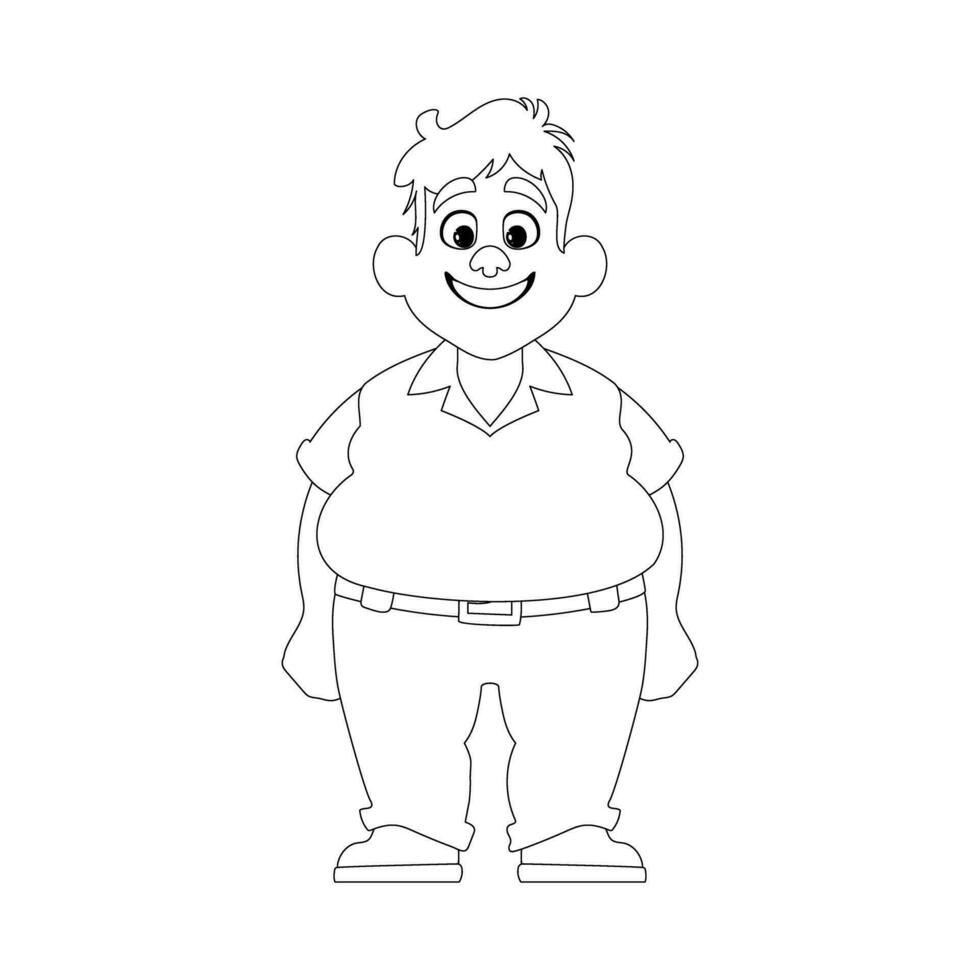 nero e bianca linea arte, Grasso uomo in posa e sorridente. sovrappeso tipo è carino, corpo positività tema. colorazione stile vettore