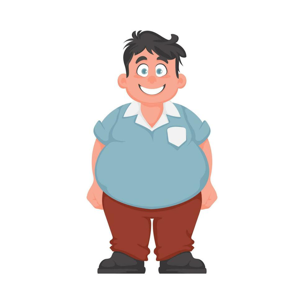 Grasso uomo in posa e sorridente. sovrappeso tipo è carino, corpo positività tema. cartone animato stile vettore