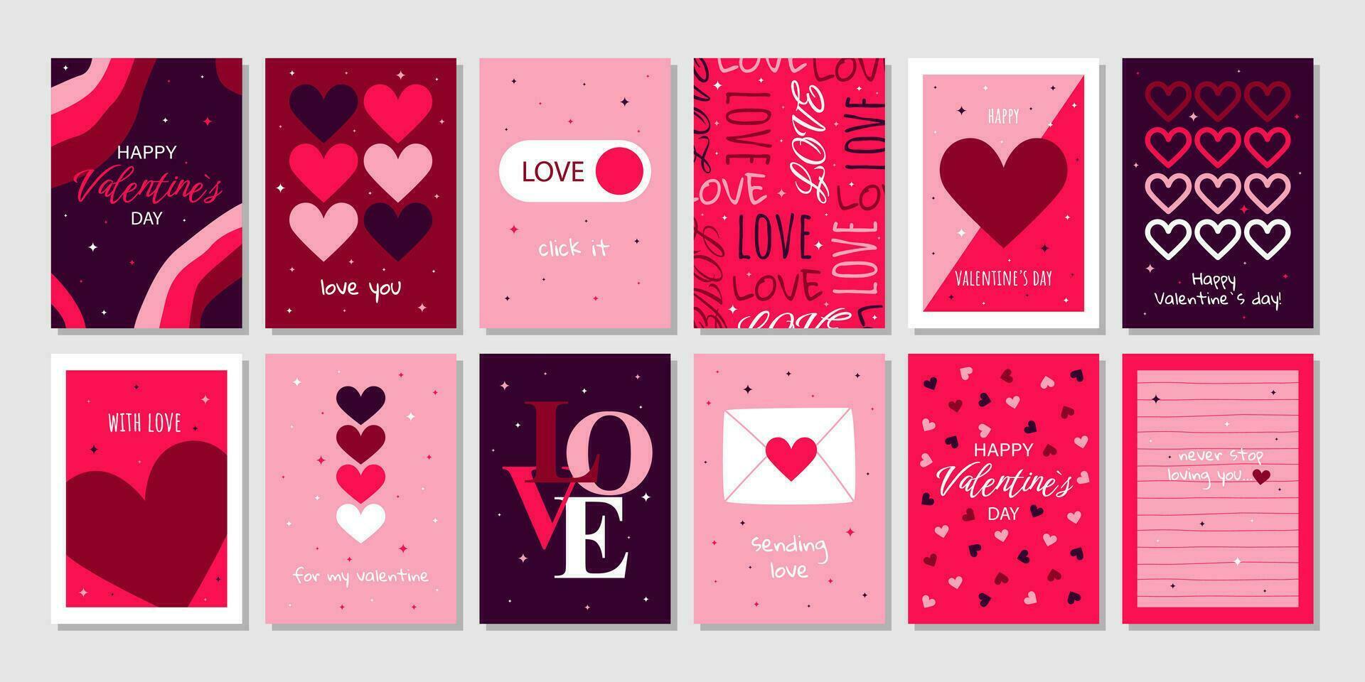grande impostato San Valentino giorno saluto carte. mano disegnato di moda cartone animato cuore, amore scritta. vettore illustrazione