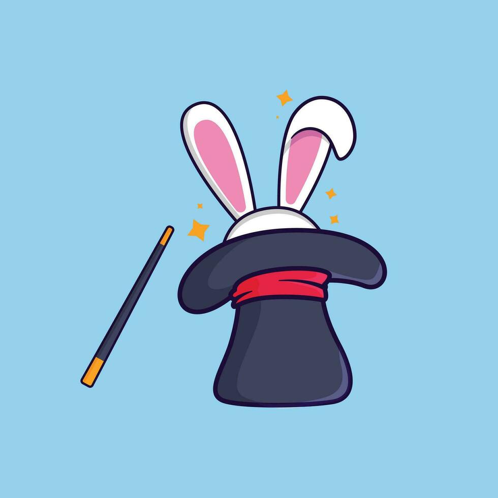 Magia cappello con sbirciare coniglio testa e Magia bacchetta magica carino cartone animato design illustrazione, bambini amichevole, icona isolato, piatto cartone animato stile vettore