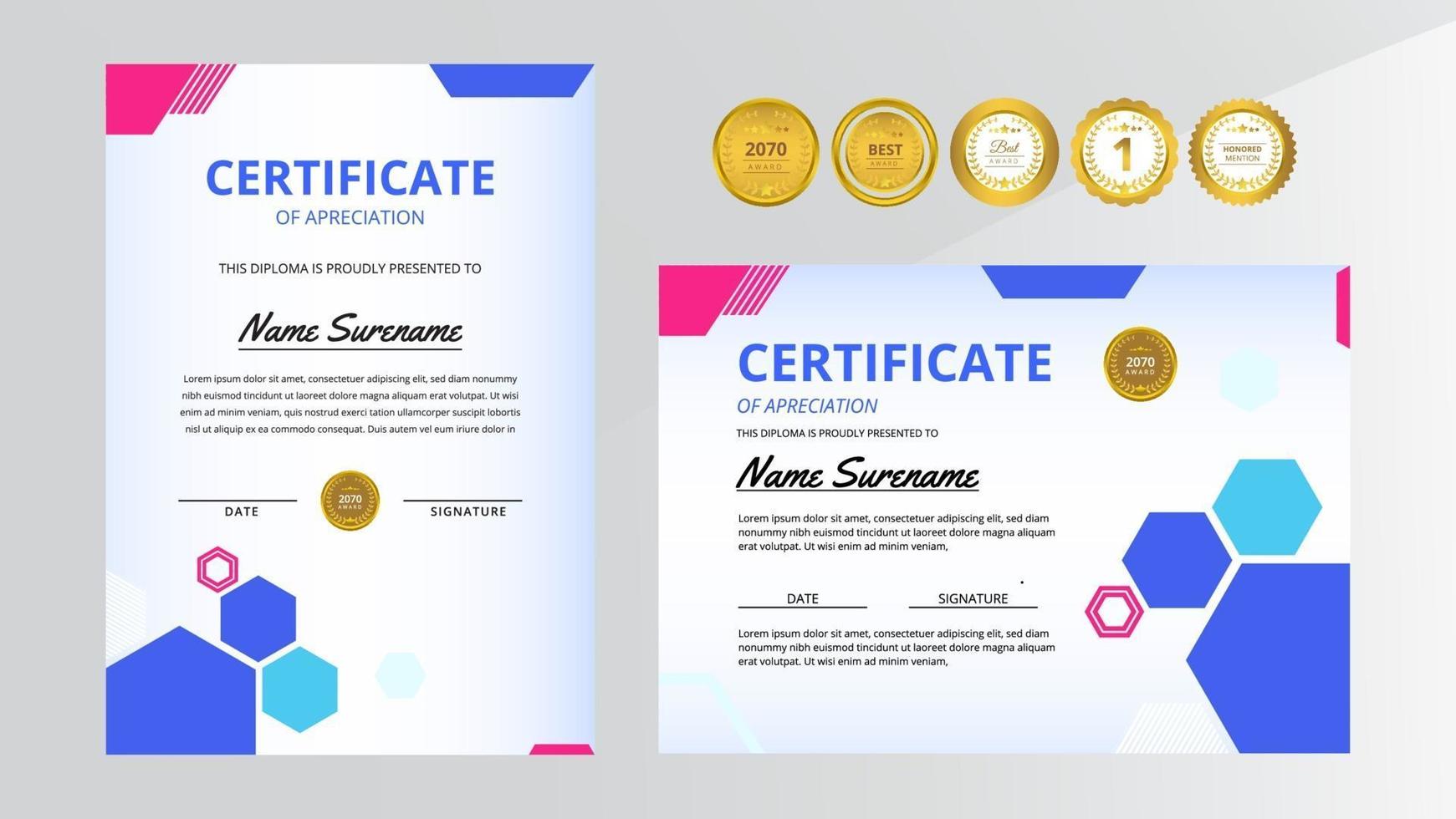 certificato di lusso sfumato blu e rosa con set di badge in oro vettore